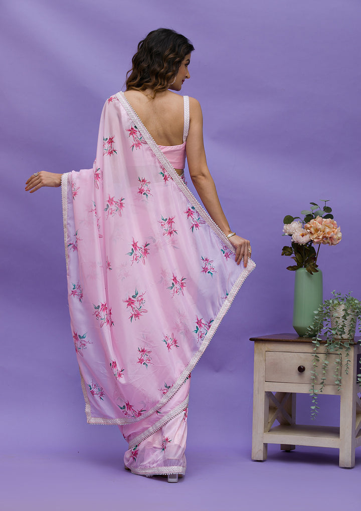 Pink Floral Printed Organza Designer Saree