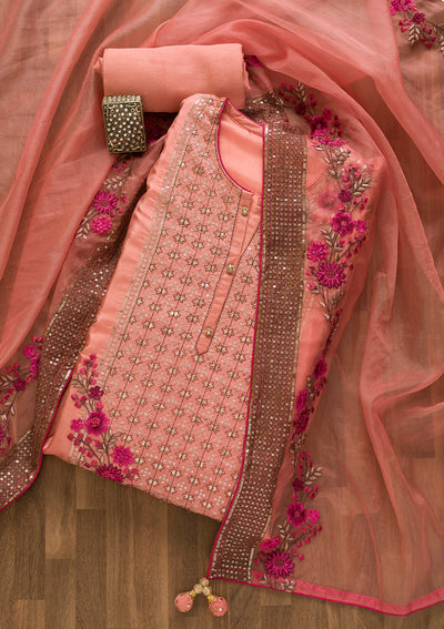 Pink Sequins Crepe Unstitched Salwar Suit-Koskii
