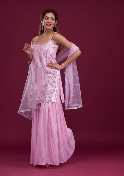 Pink Sequins Georgette Readymade Sharara Suit-Koskii