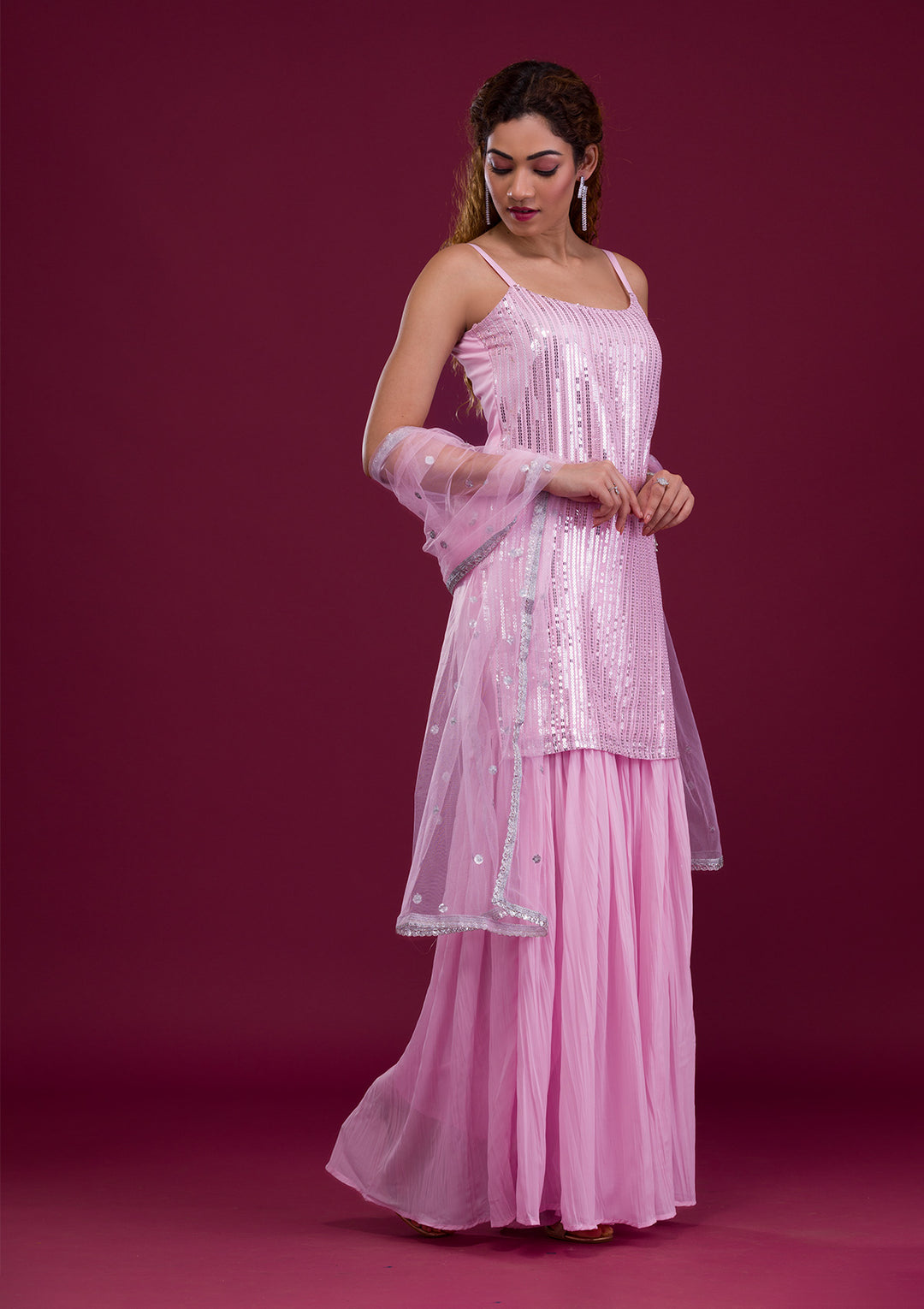 Pink Sequins Georgette Readymade Sharara Suit-Koskii