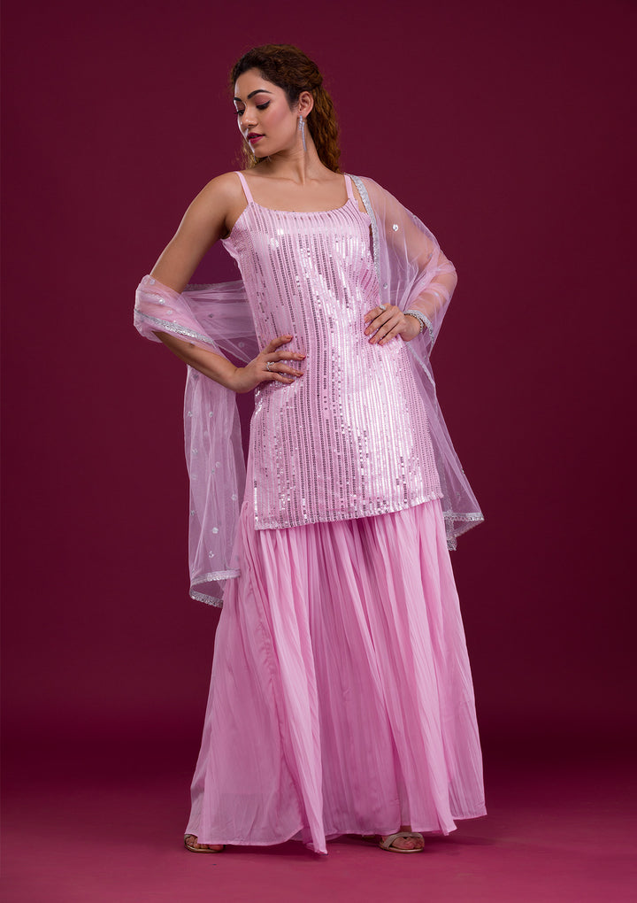 Pink Sequins Georgette Readymade Sharara Suit-Koskii