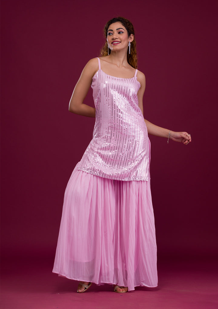 Pink Sequins Georgette Readymade Sharara Suit-Koskii