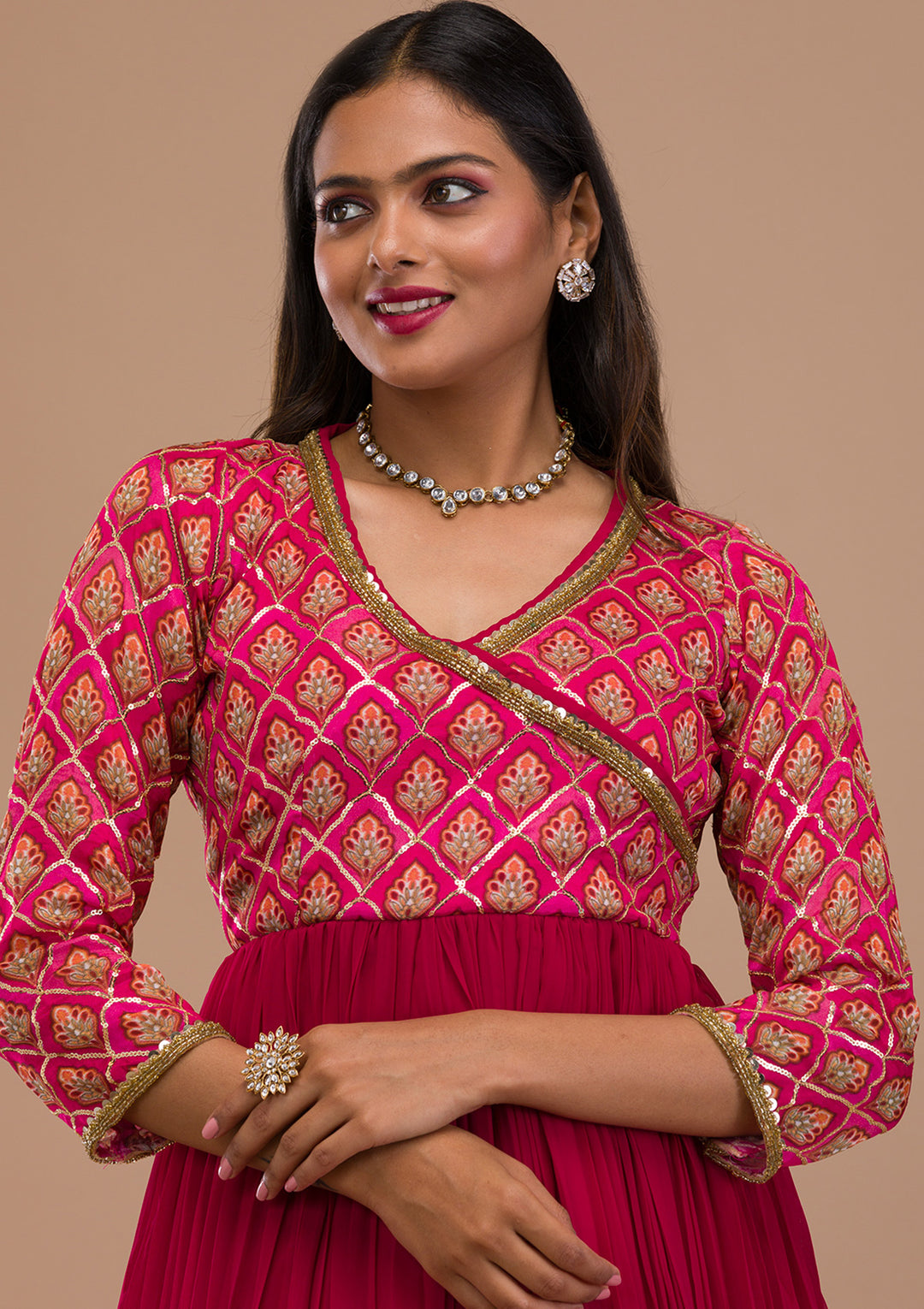 Pink Sequins Georgette Readymade Anarkali Suit