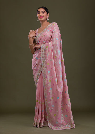 Pink Sequins Georgette Saree-Koskii