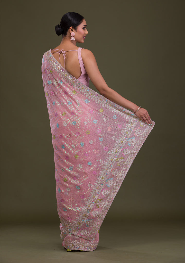 Pink Sequins Georgette Saree