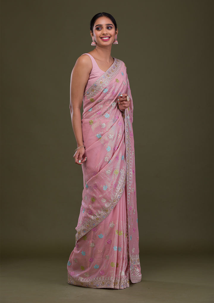 Pink Sequins Georgette Saree