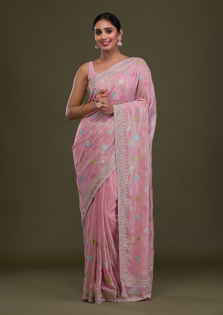 Pink Sequins Georgette Saree