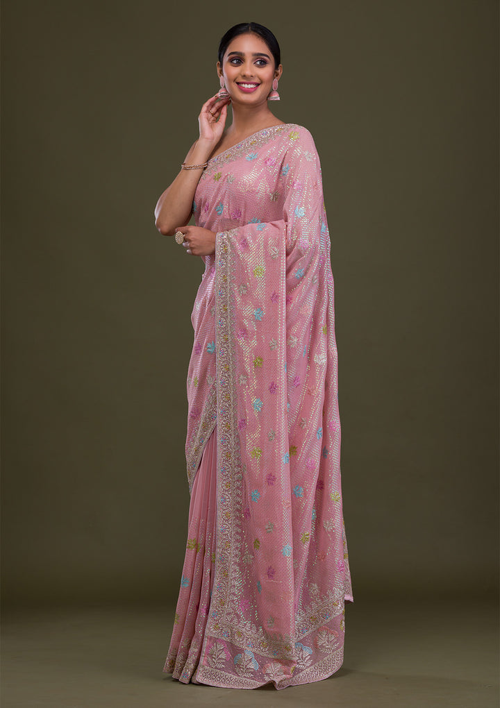 Pink Sequins Georgette Saree