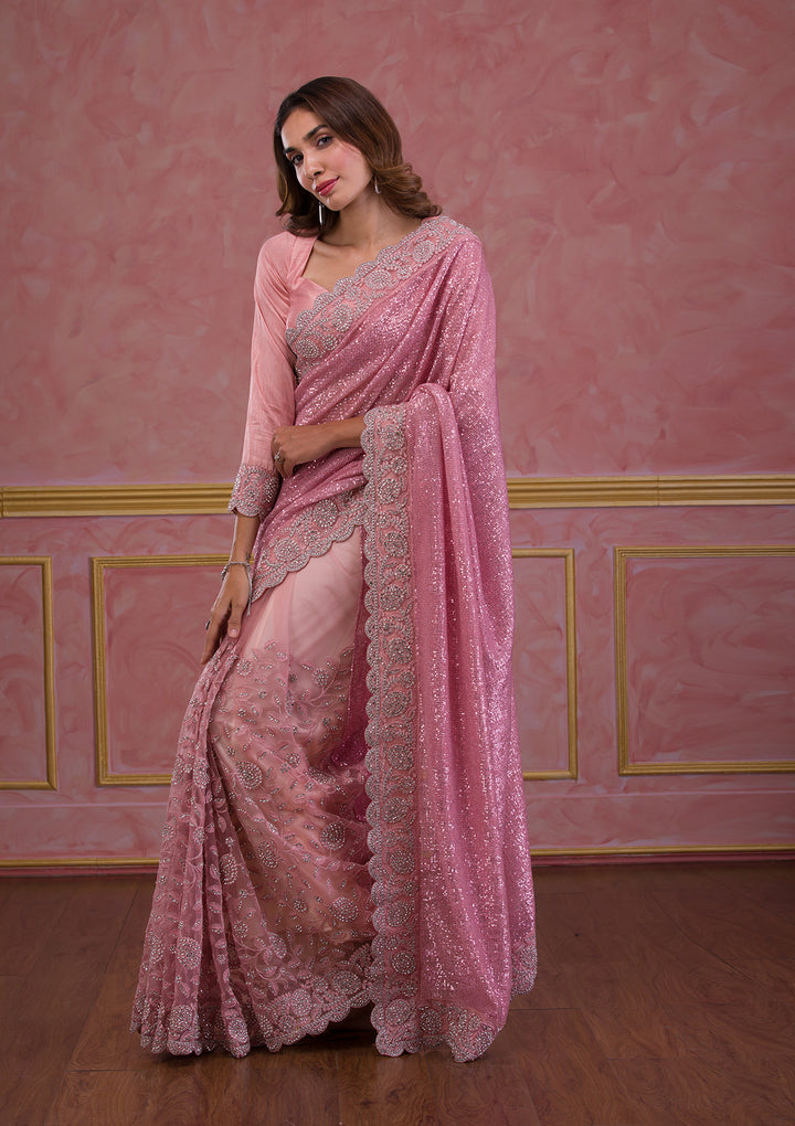 Pink Sequins Net Designer Saree