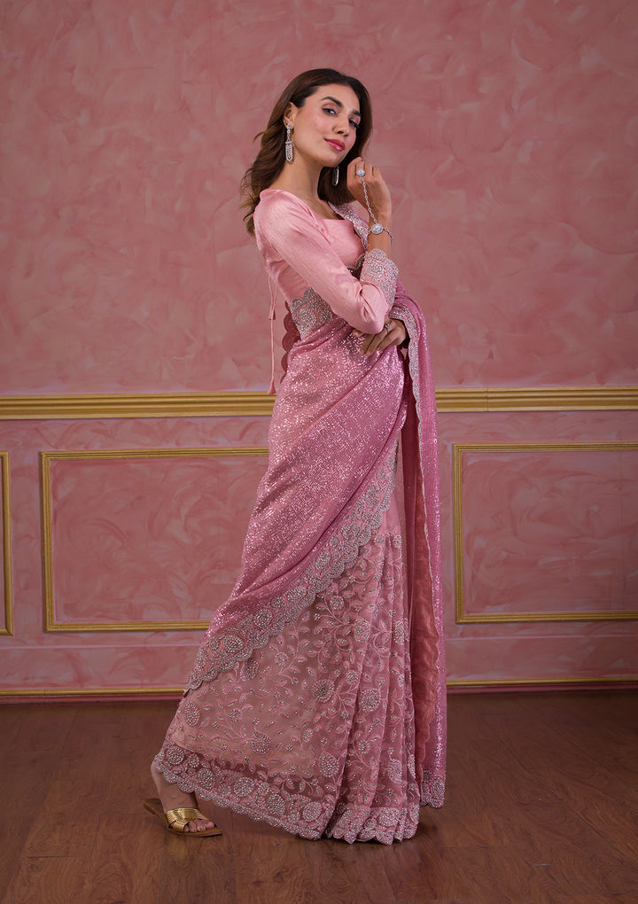 Pink Sequins Net Designer Saree