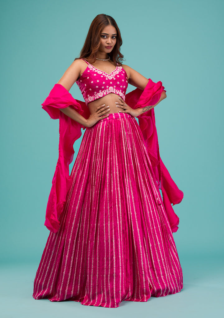 Pink Sequins Satin Readymade Lehenga