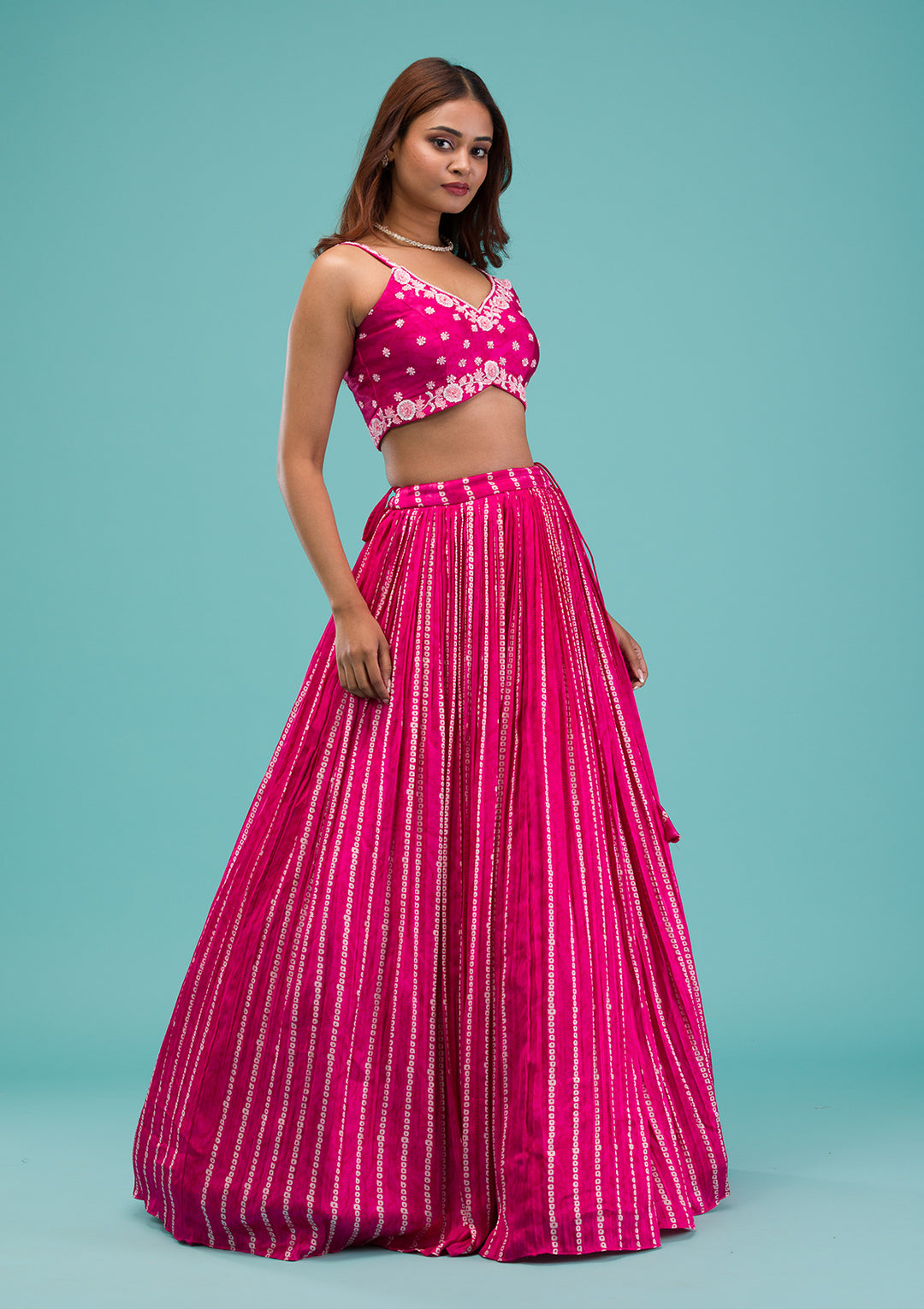 Pink Sequins Satin Readymade Lehenga