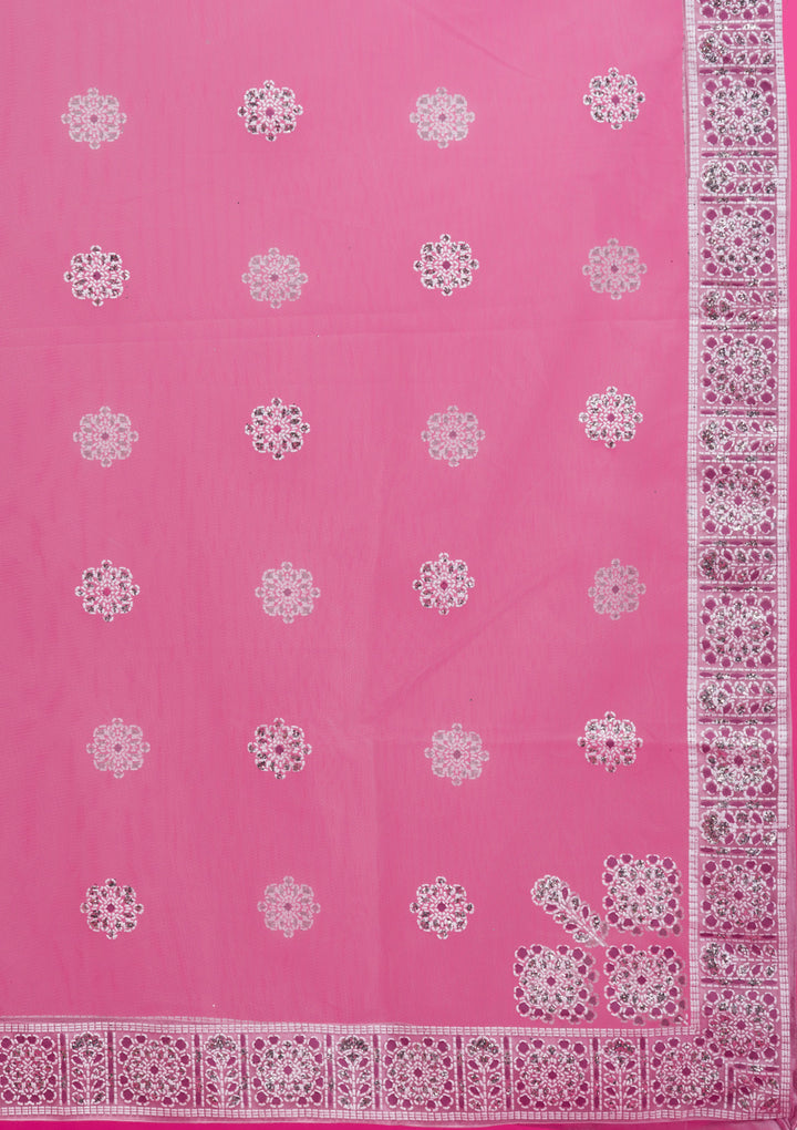 Pink Print Net Readymade Lehenga