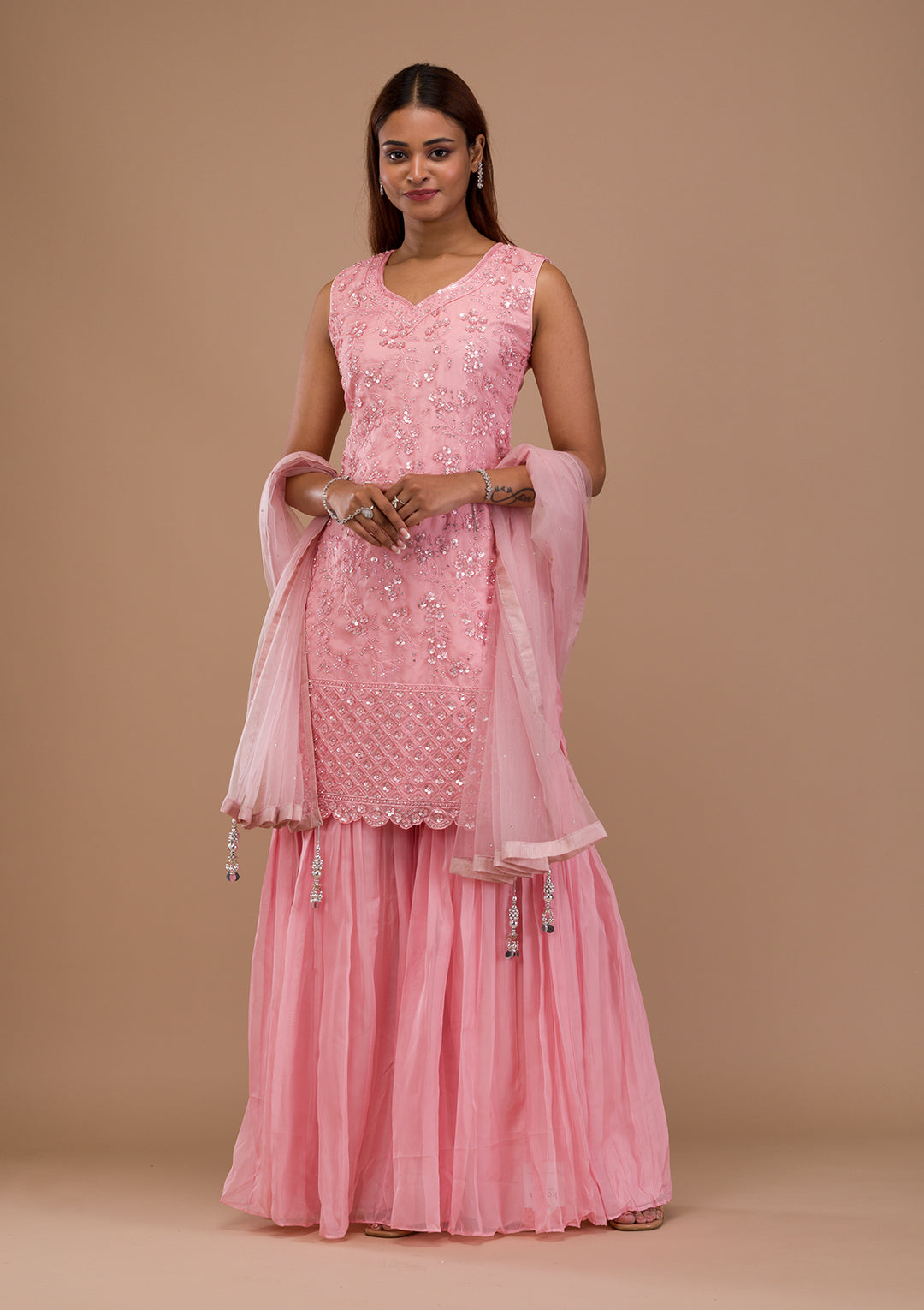 Pink Sequins Tissue Readymade Sharara Suit