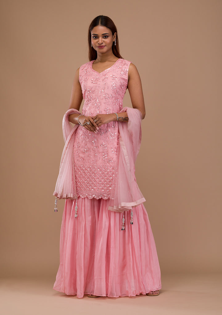 Pink Sequins Tissue Readymade Sharara Suit