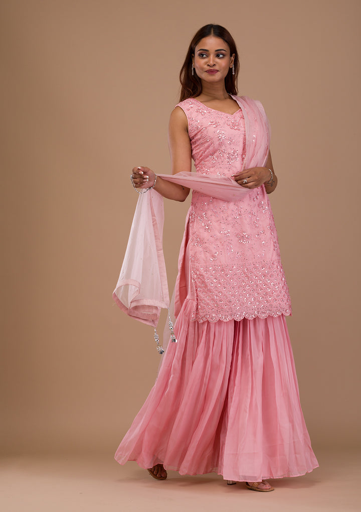 Pink Sequins Tissue Readymade Sharara Suit
