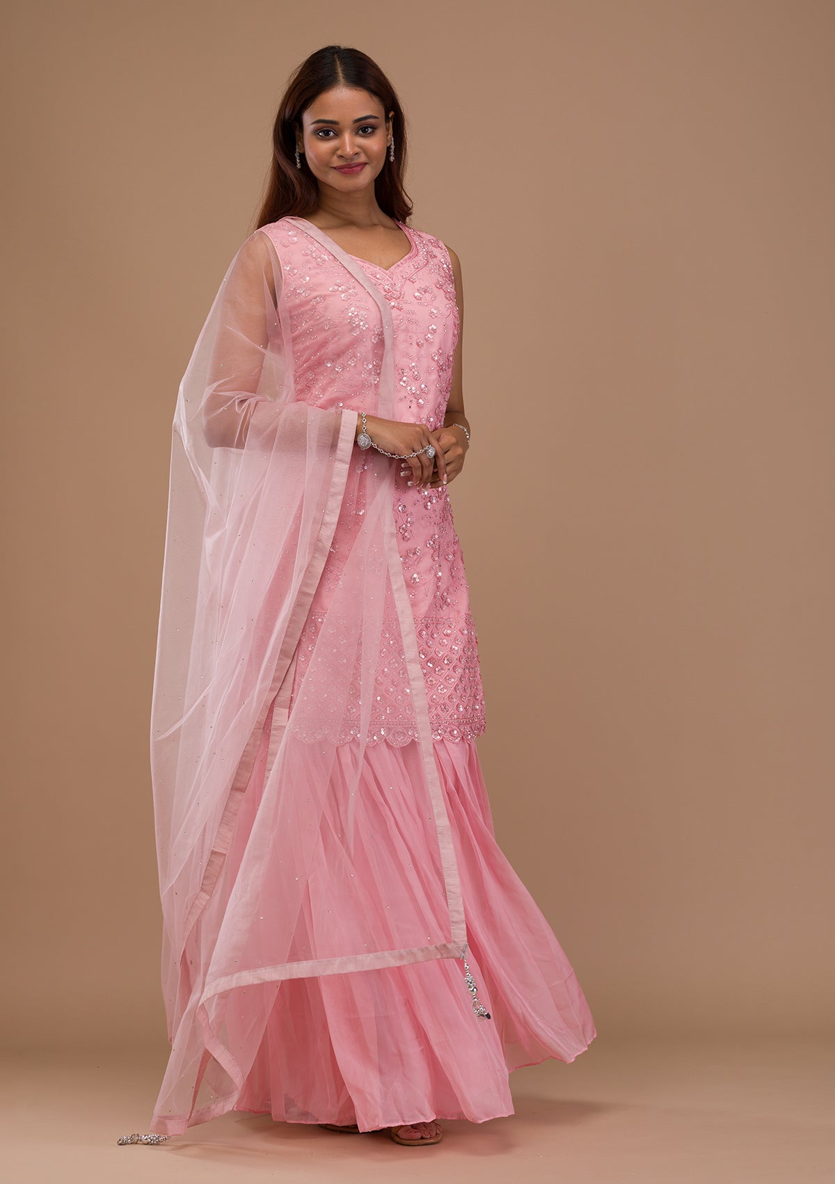 Pink Sequins Tissue Readymade Sharara Suit