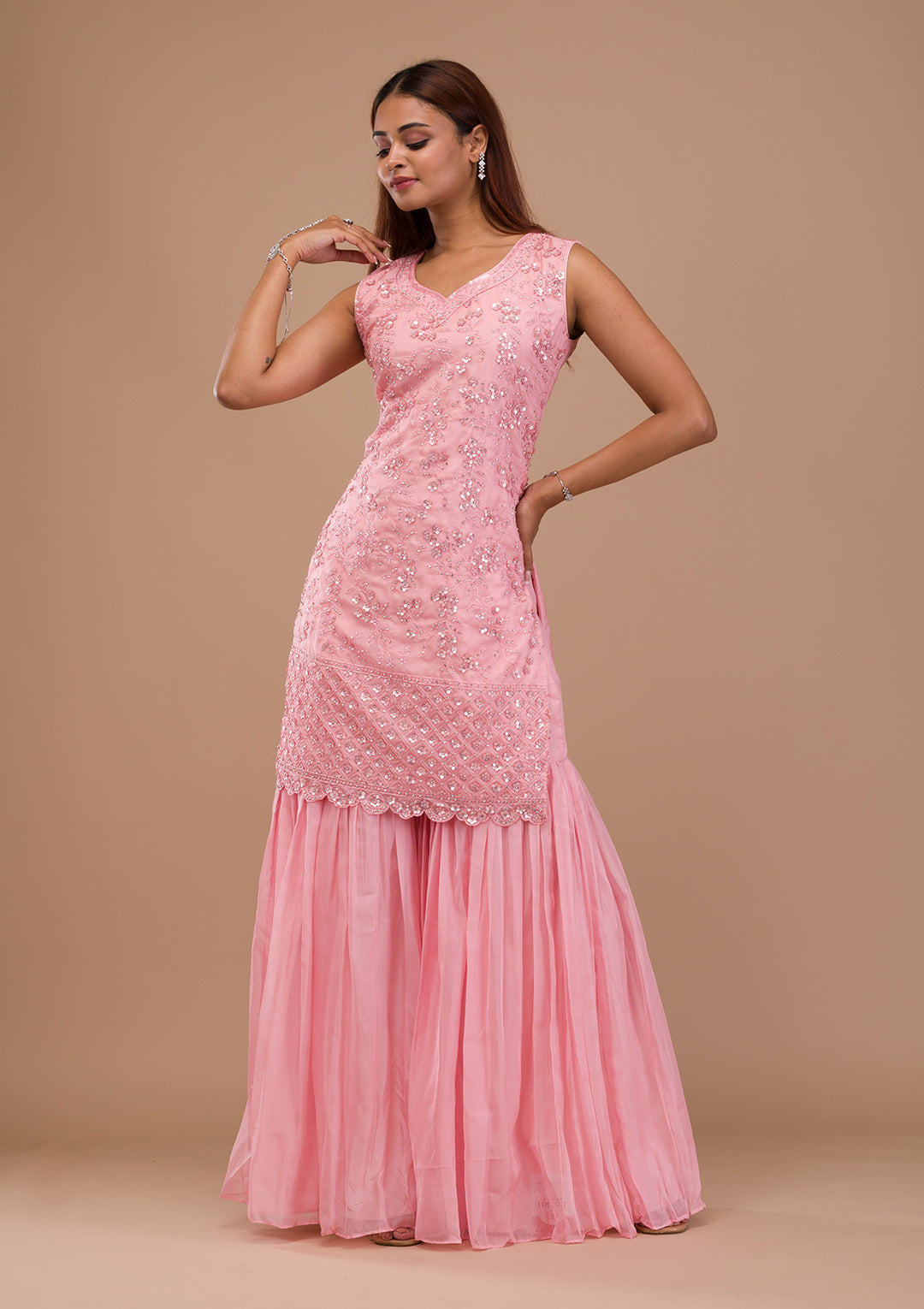Pink Sequins Tissue Readymade Sharara Suit