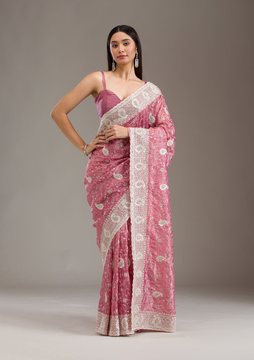 Pink Sequins Tissue Saree