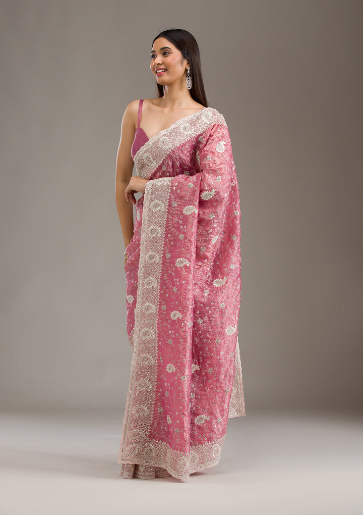 Pink Sequins Tissue Saree
