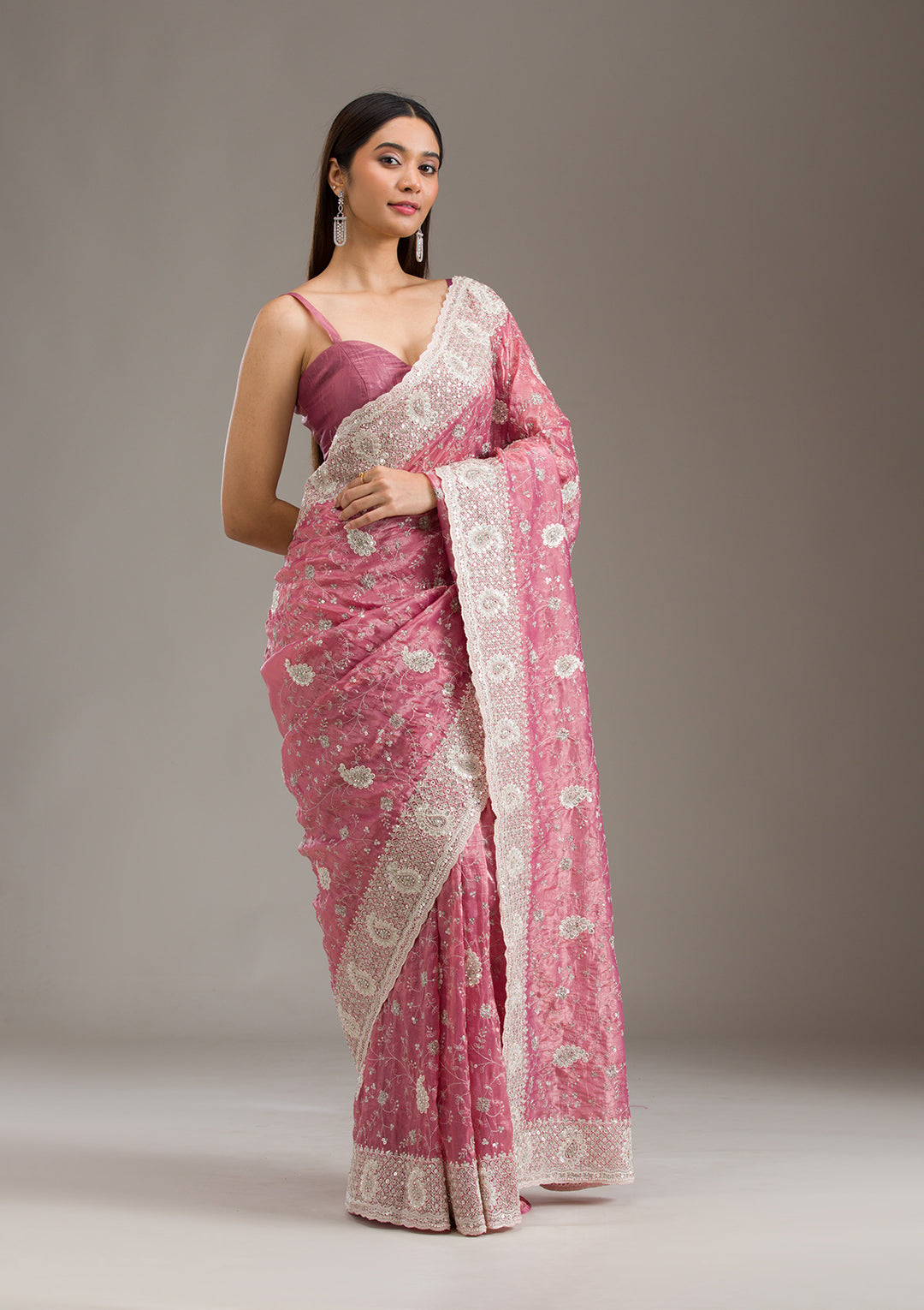 Pink Sequins Tissue Saree