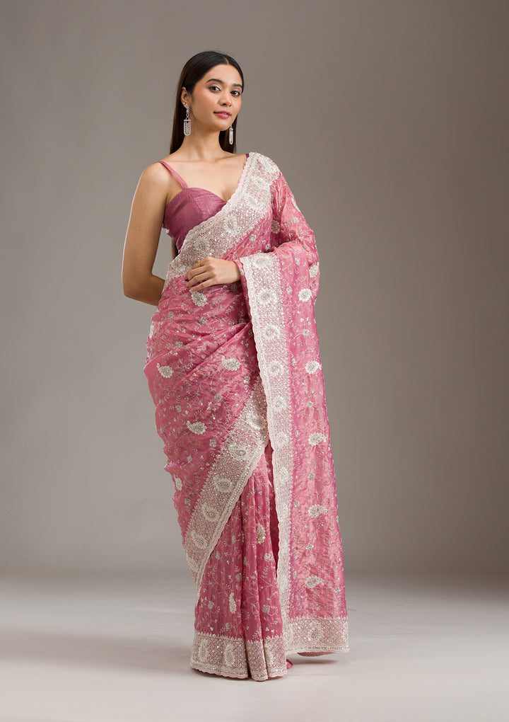 Pink Sequins Tissue Saree