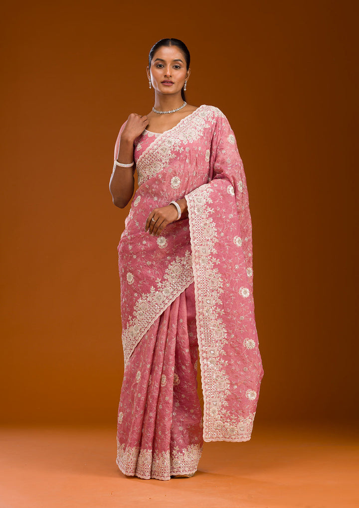 Pink Sequins Tissue Saree