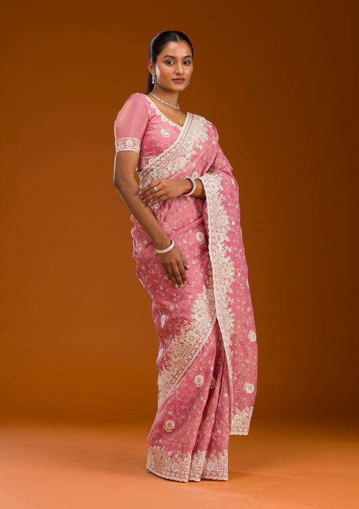 Pink Sequins Tissue Saree