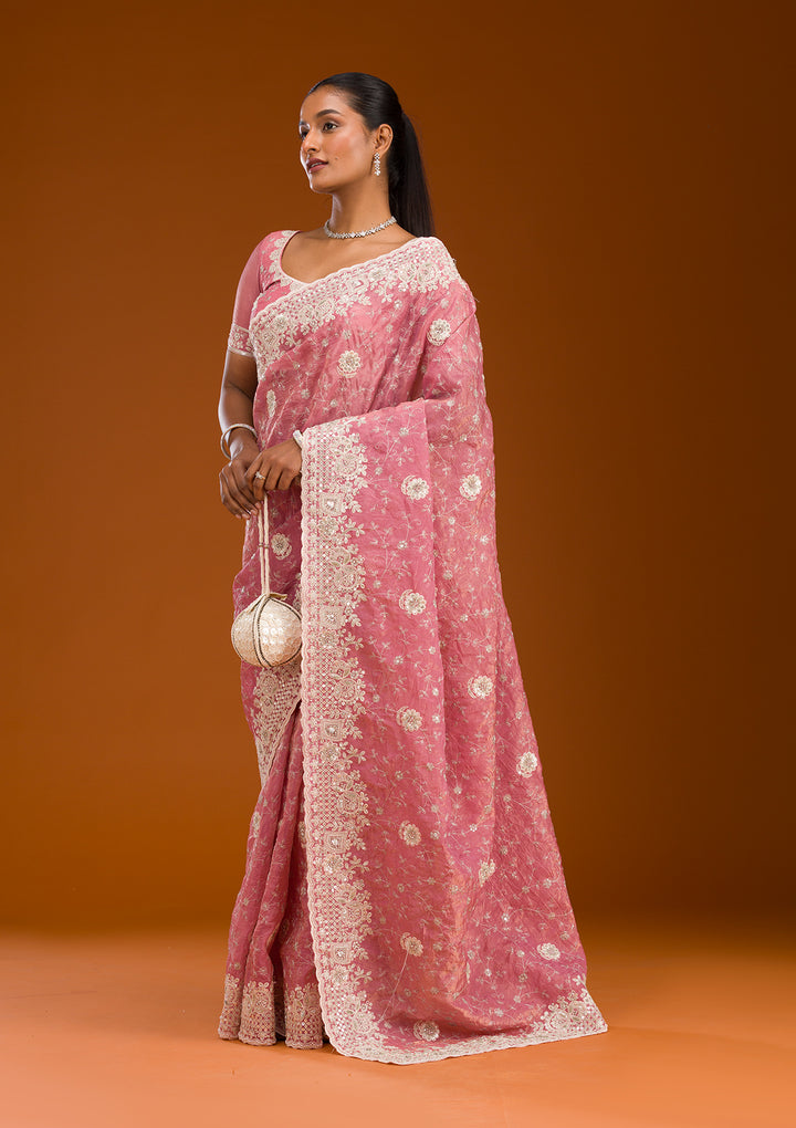 Pink Sequins Tissue Saree