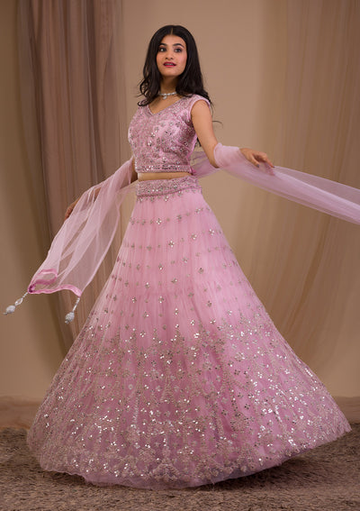 Pink Stonework Net Readymade Lehenga-Koskii