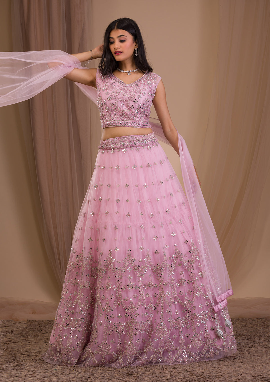Pink Stonework Net Readymade Lehenga-Koskii