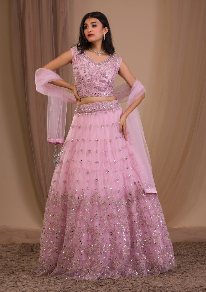 Pink Stonework Net Readymade Lehenga