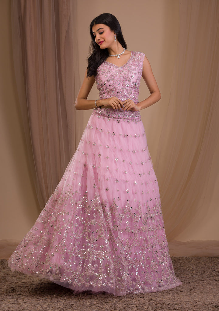 Pink Stonework Net Readymade Lehenga-Koskii