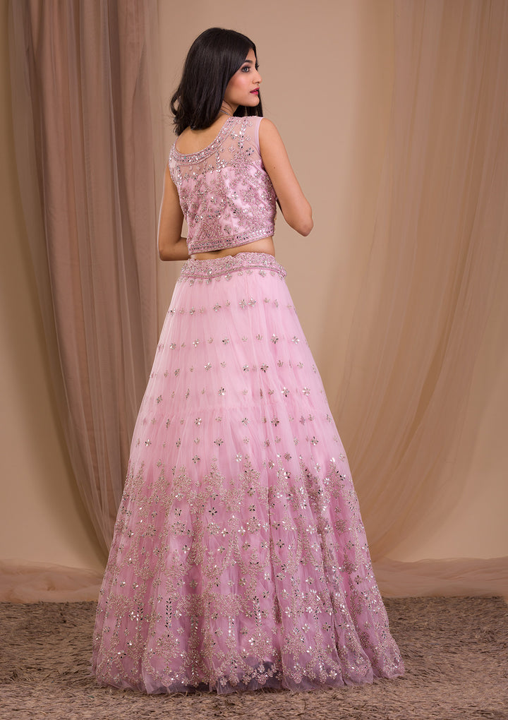 Pink Stonework Net Readymade Lehenga