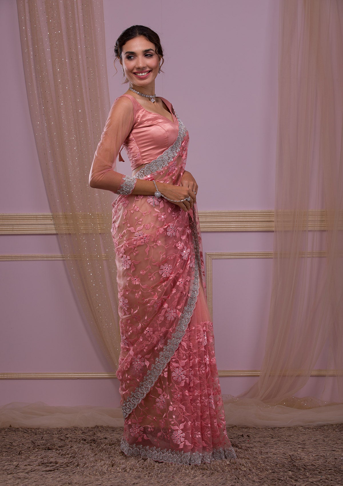 Pink Stonework Net Designer Saree