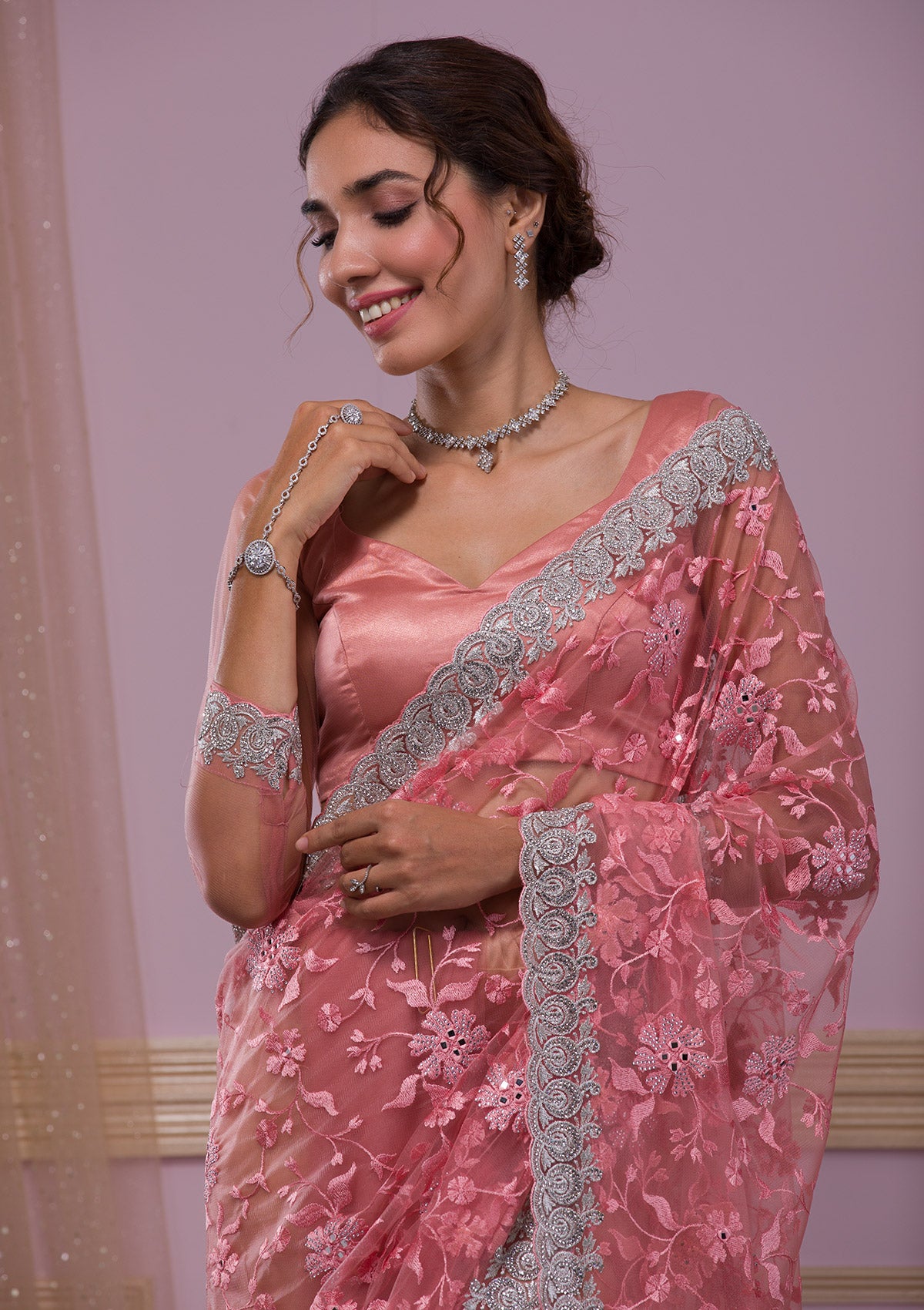 Pink Stonework Net Designer Saree