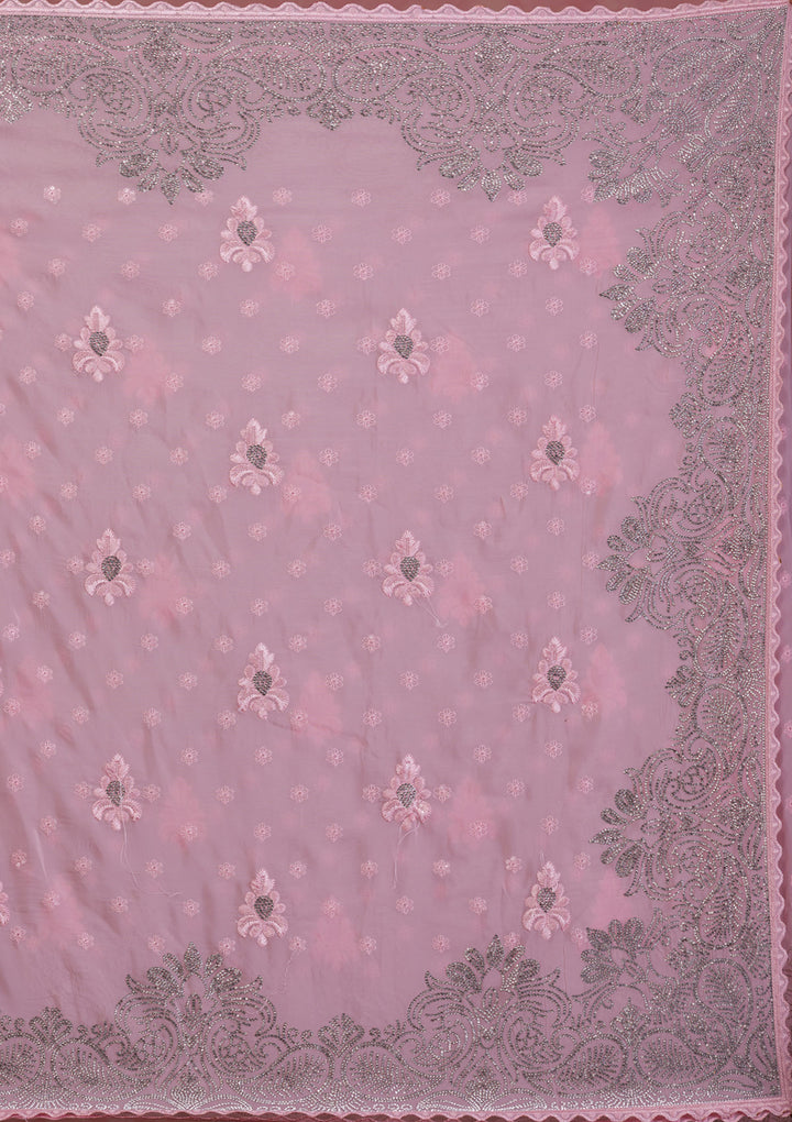 Pink Stonework Semi Crepe Designer Saree