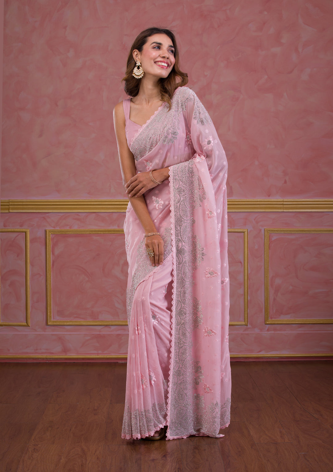 Pink Stonework Semi Crepe Designer Saree