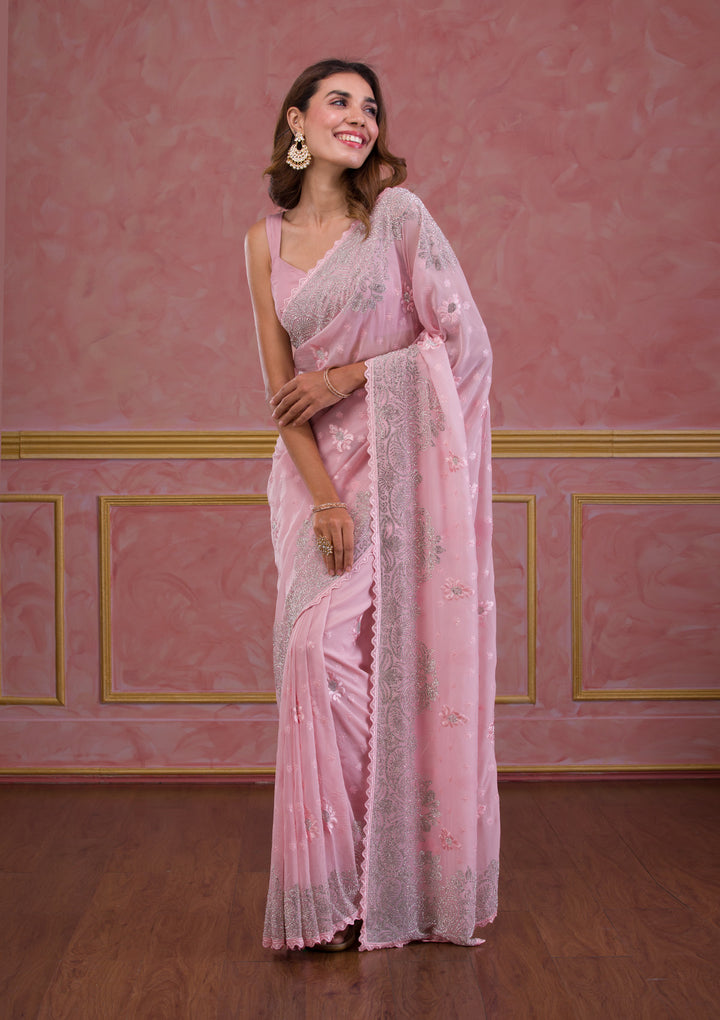 Pink Stonework Semi Crepe Designer Saree