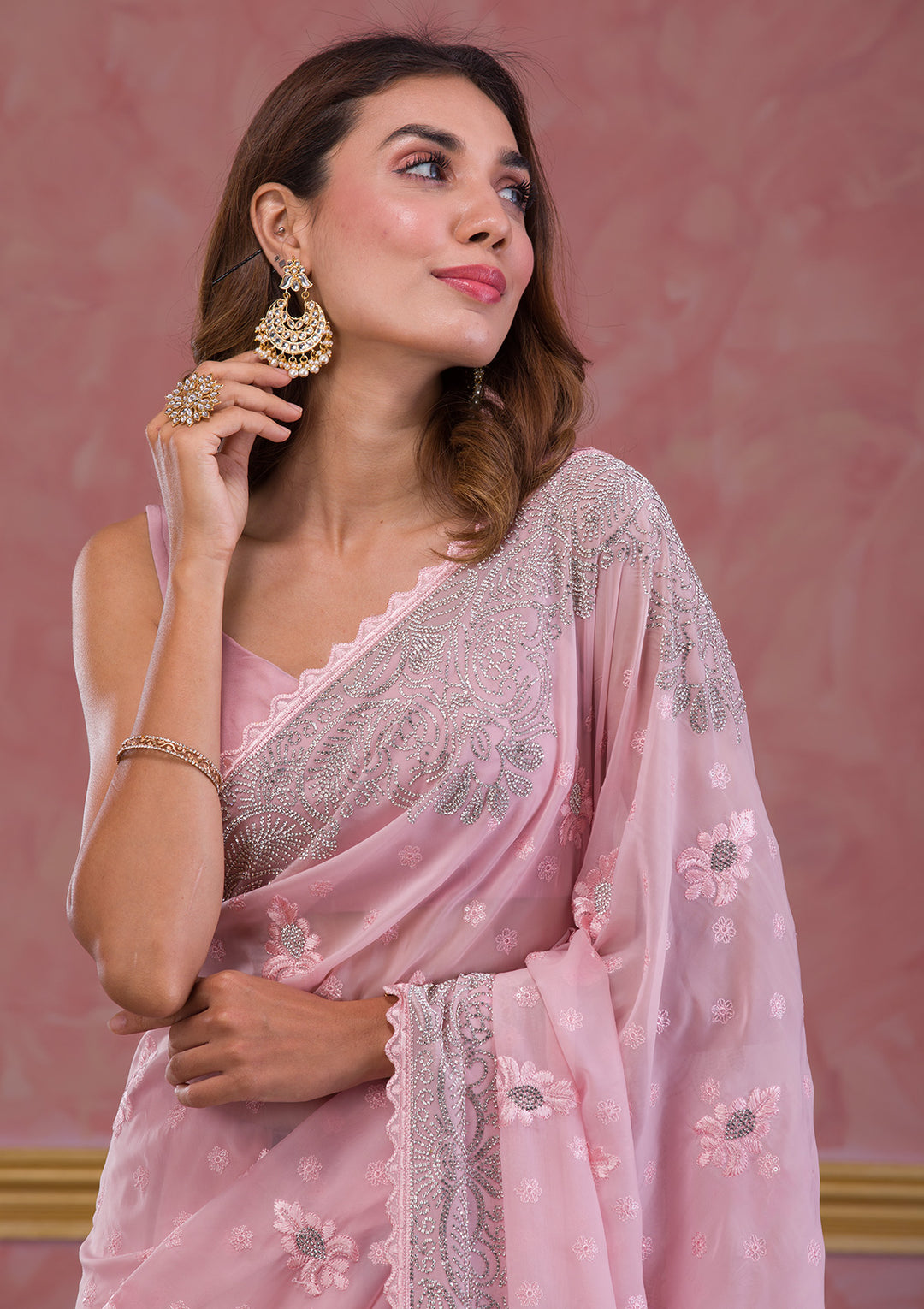 Pink Stonework Semi Crepe Designer Saree
