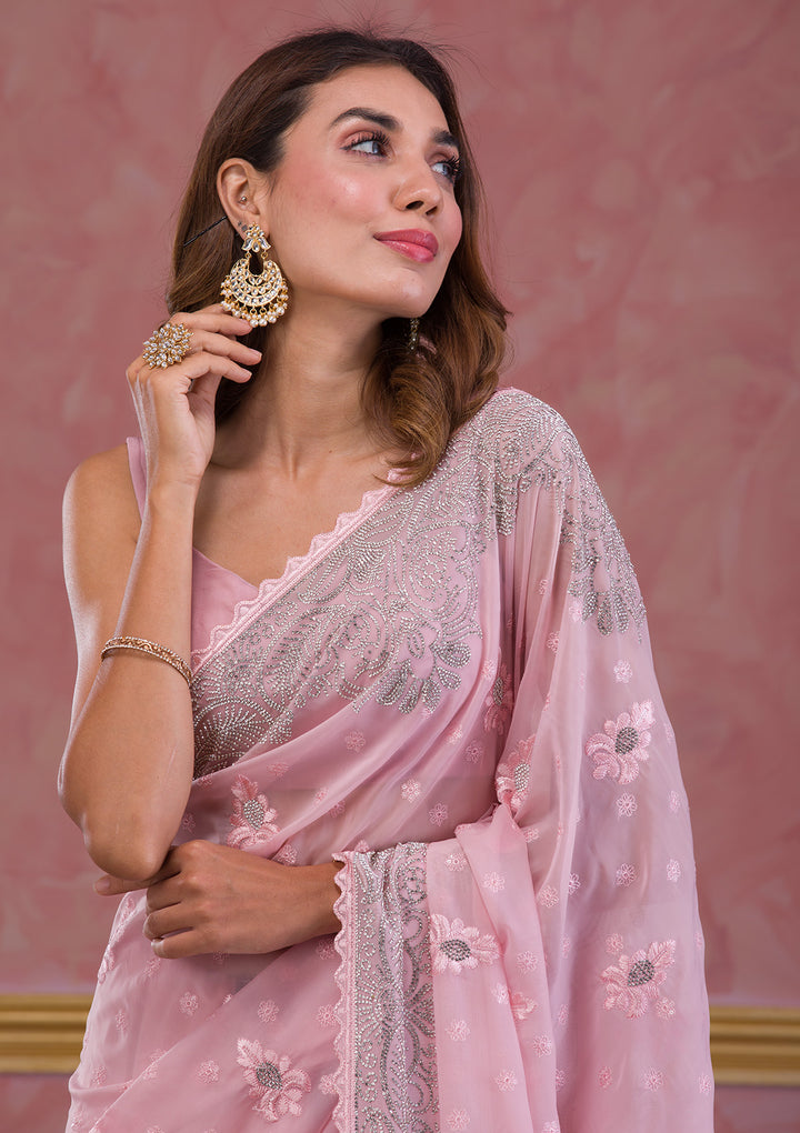 Pink Stonework Semi Crepe Designer Saree