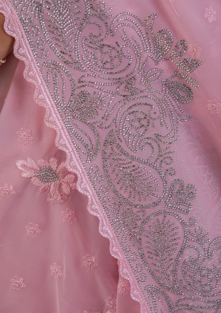 Pink Stonework Semi Crepe Designer Saree