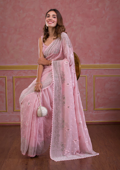 Pink Stonework Semi Crepe Designer Saree-Koskii