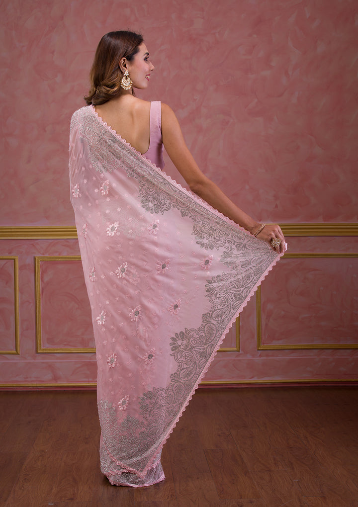 Pink Stonework Semi Crepe Designer Saree