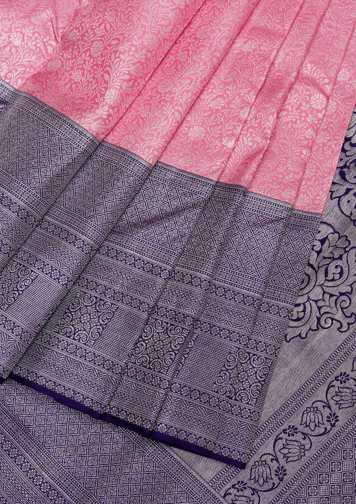 Pink Silver Zariwork Kanjivaram Pure Silk Saree