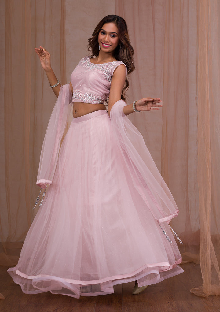 Pink Stonework Net Readymade Lehenga