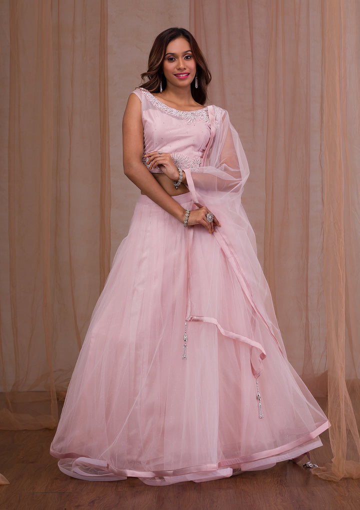 Pink Stonework Net Readymade Lehenga
