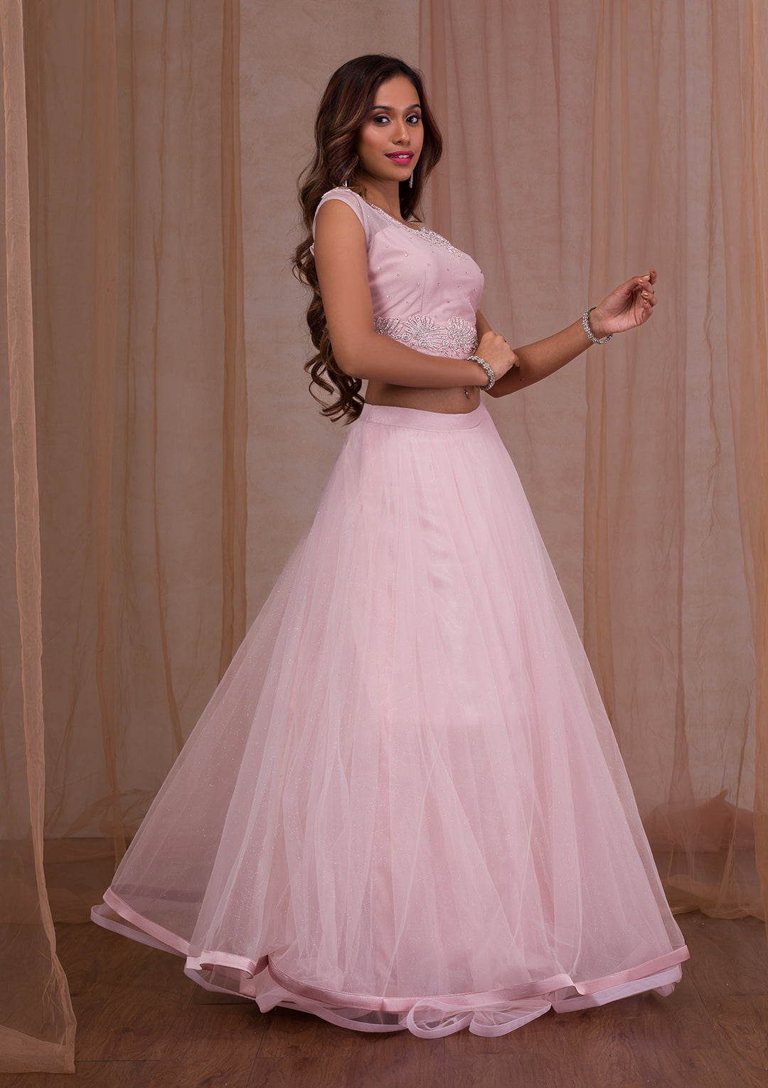 Pink Stonework Net Readymade Lehenga
