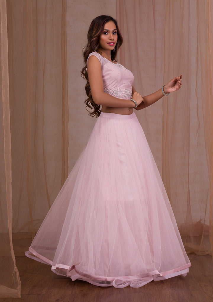 Pink Stonework Net Readymade Lehenga