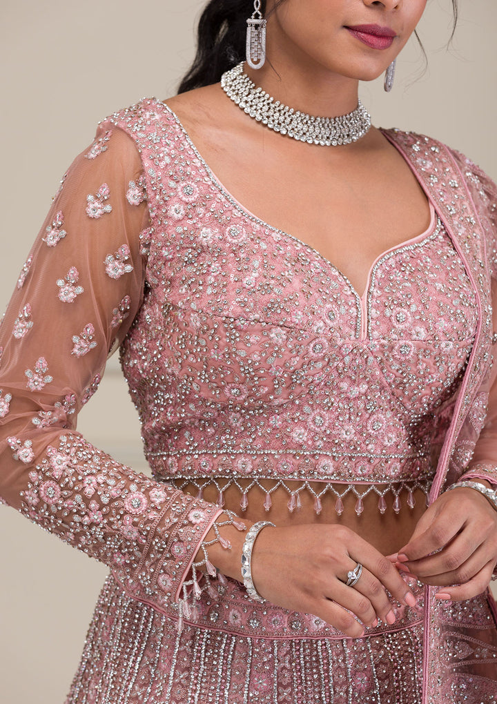 Pink Stonework Net Readymade Lehenga